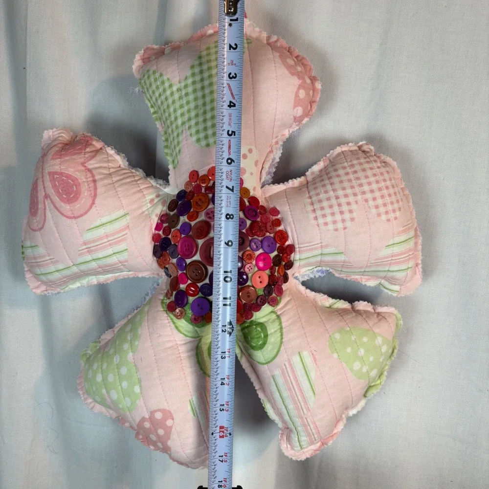 Handmade Quilted Flower Pillow Button Center Reversible Floral Wall Hanging 16in